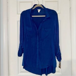 Converse one star Blue Button-Up Blouse rolled sleeves hi lo hem L NWT